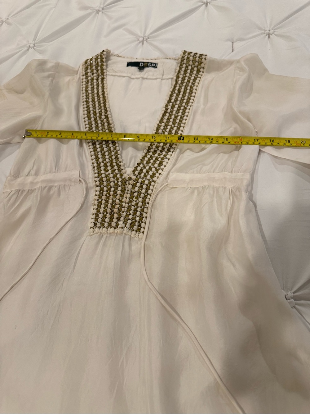 DESPI 100% Silk Beaded Swim Cover Up Tunic Dress Ivory Resort Boho Size M - Picture 13 of 15
